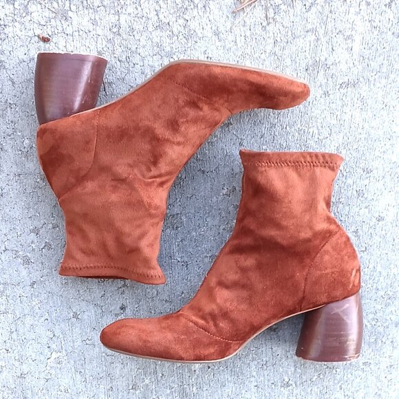 Bershka Burnt Orange Brown Faux Suede Fabric Sock Pull-On Sculpted Heel Booties - Picture 3 of 13
